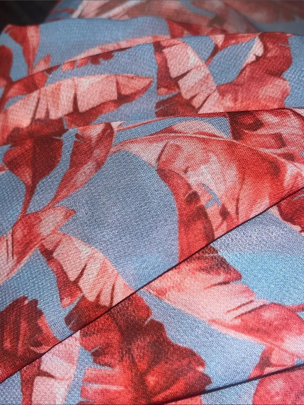 Coral Red and Blue Tropical Leafy Lightweight Scarf S48